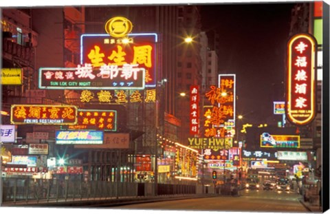 Framed Neon Lights at Night, Nathan Road, Hong Kong, China Print