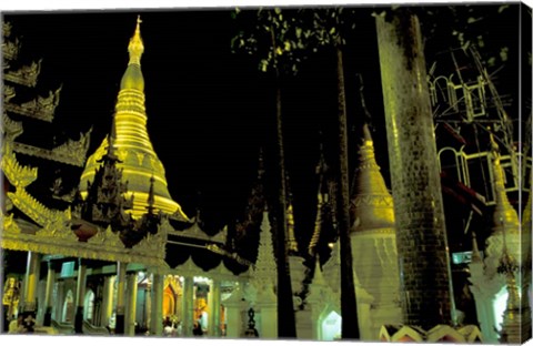 Framed Night View of Illuminated Shwedagon, Myanmar Print