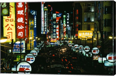 Framed Night View of Busy Nanjing Road, Shanghai, China Print