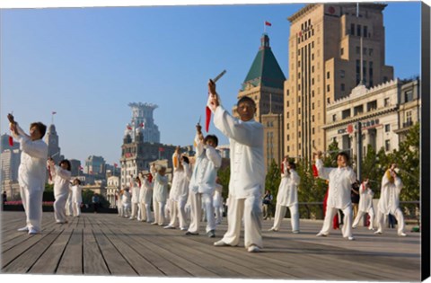 Framed People practicing Taiji with sword on the Bund in the morning, Shanghai, China Print