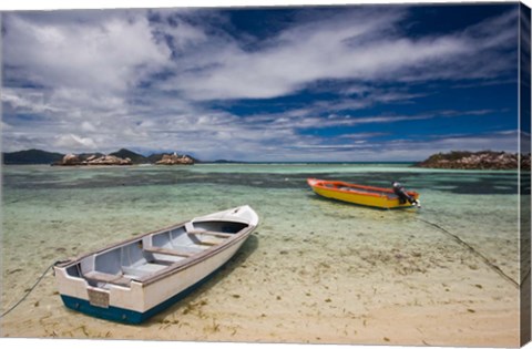 Framed Seychelles, La Digue Island, Fishing boats Print