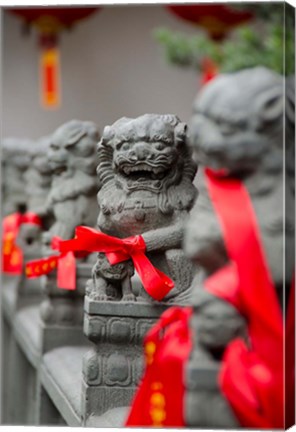 Framed Stone lions with red ribbon, Jade Buddah Temple, Shanghai, China Print