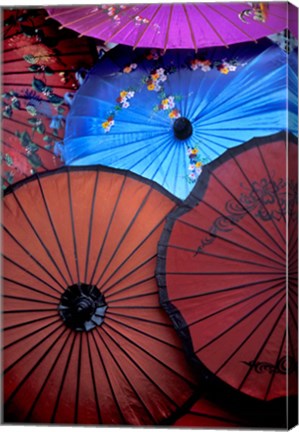 Framed Souvenir parasols for sale at a market, Rangoon, Burma Print