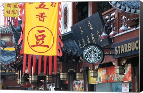 Framed Starbucks in City God Temple at Yuyuang Bazaar, Shanghai, China Print