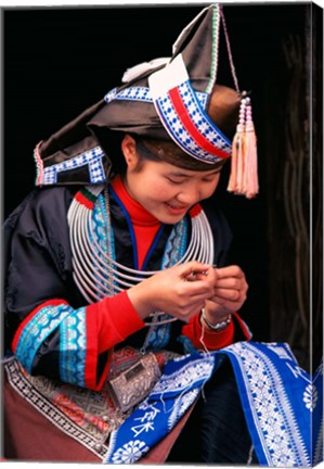 Framed Tip-Top Miao Girl Doing Traditional Embroidery, China Print