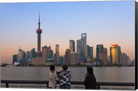 Framed Pudong skyline dominated by Oriental Pearl TV Tower, Shanghai, China Print