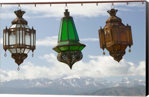 Framed View of the High Atlas Mountains and Lanterns for Sale, Ourika Valley, Marrakech, Morocco Print