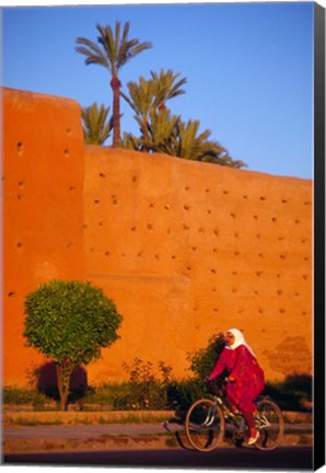 Framed Veiled Woman Bicycling Below Red City Walls, Marrakech, Morocco Print