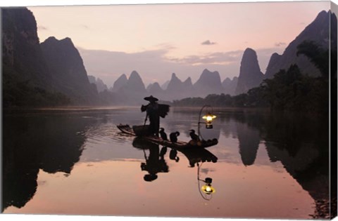 Framed Traditional Chinese Fisherman with Cormorants, Li River, Guilin, China Print