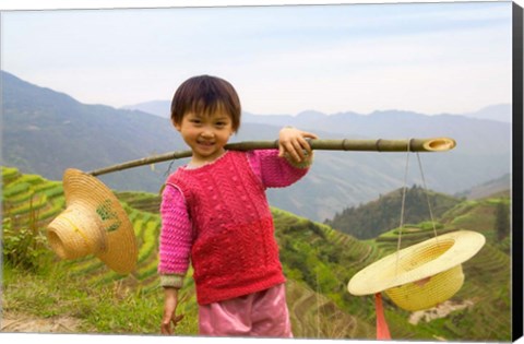 Framed Young Girl Carrying Shoulder Pole with Straw Hats, China Print