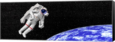 Framed Astronaut floating in outer space above planet Earth Print