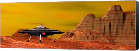 Framed UFO landing on a desert landscape Print