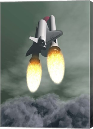 Framed Space shuttle taking off amongst grey smoke and clouds Print