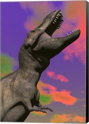 Framed Tyrannosaurus Rex roaring against a colorful sky Print