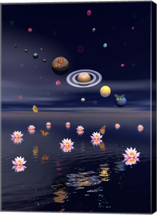 Framed Planets of the solar system surrounded by lotus flowers and butterflies Print