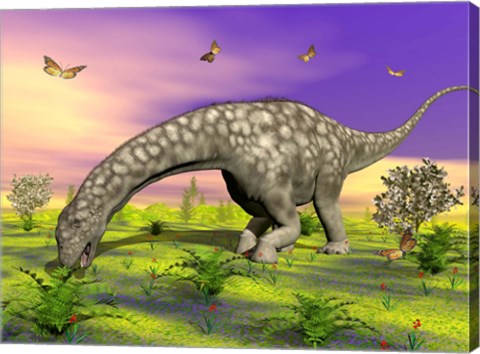 Framed Argentinosaurus eating plants while surrounded by butterflies and flowers Print