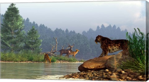 Framed saber-toothed cat looks across a river at a family of deer Print