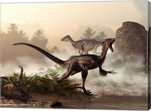 Framed pair of velociraptors patrol the shore of an ancient lake Print