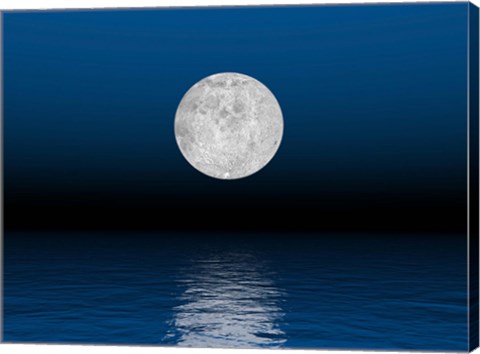 Framed Beautiful full moon against a deep blue sky over the ocean Print