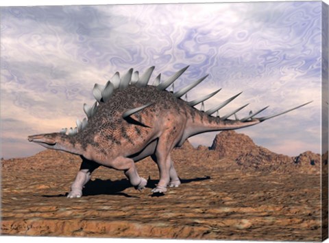 Framed Kentrosaurus dinosaur walking in the desert Print