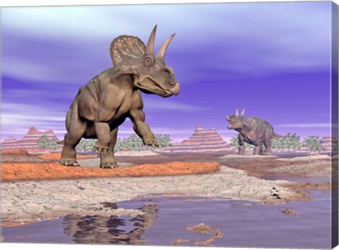 Framed Two Nedoceratops next to water in a colorful rocky landscape Print