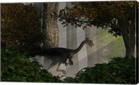 Framed Gigantoraptor in a dense prehistoric forest Print