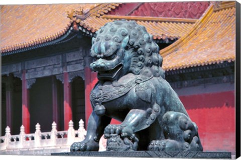 Framed China, Beijing, Lion statue guards Forbidden City Print