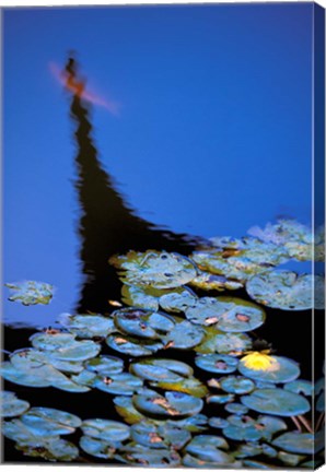 Framed Lily Pond and Temple Reflection in Blue, China Print