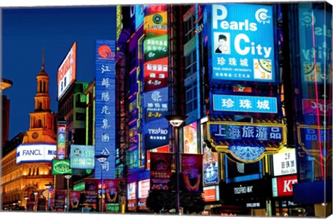 Framed neon signs along the shopping and business center at night, Nanjing Road, Shanghai, China Print