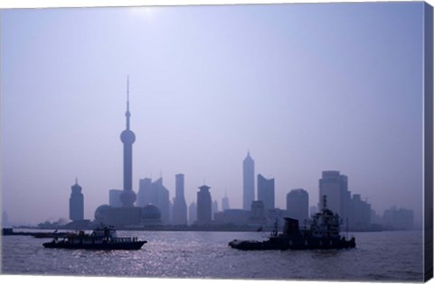 Framed Water Traffic along Huangpu River Passing Oriental TV Tower and Pudong Skyline, Shanghai, China Print