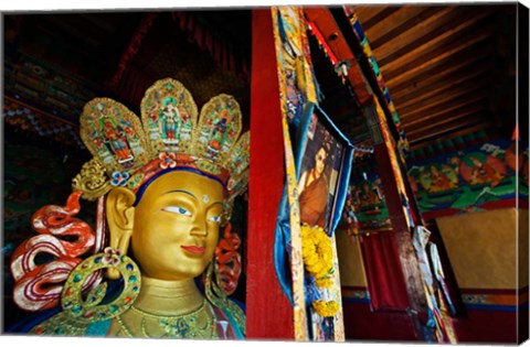 Framed Dalai Lama Picture Beside Maitreya Buddha, Thiksey Monastery, Thiksey, Ladakh, India Print