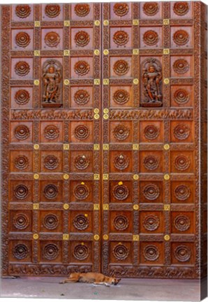 Framed Dog and Door at Temple in Sai Baba ashram, India Print