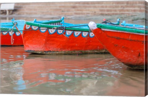 Framed Wooden Boats in Ganges river, Varanasi, India Print