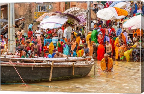 Framed Worshipping Pilgrims on Ganges River, Varanasi, India Print