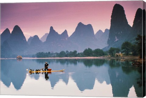 Framed Cormorant fishing at dusk, Li river, Guangxi, China Print