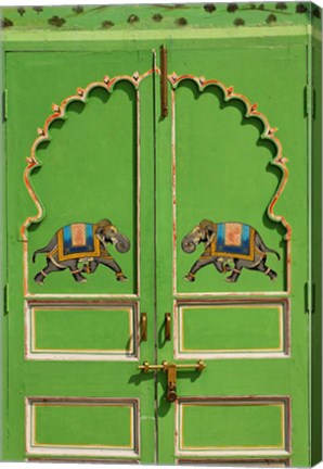 Framed Elephants painted on green door, City Palace, Udaipur, India Print