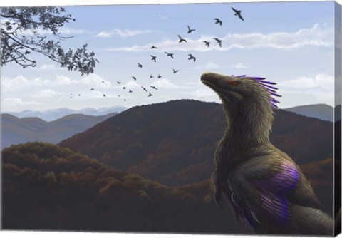 Framed Velociraptor in an autumn landscape Print