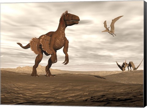 Framed Velociraptor dinosaur in desert landscape with two pteranodon birds Print