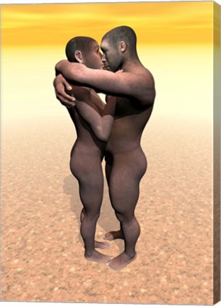 Framed Male and female Homo erectus hugging in the desert Print