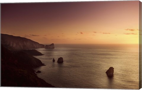 Framed Aerial view of sea and mountains at sunset, Nebida, Sardinia, Italy Print