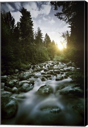 Framed Small river flowing over large stones at sunset, Pirin National Park, Bulgaria Print