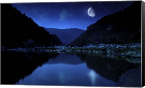 Framed Moon rising over tranquil lake and forest against starry sky, Bulgaria Print