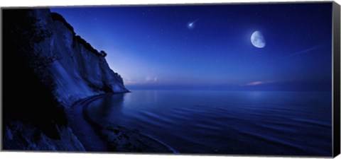 Framed Moon rising over tranquil sea and Mons Klint cliffs, Denmark Print