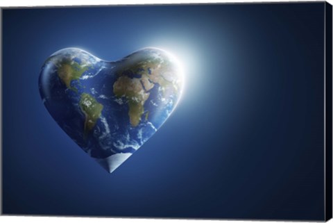 Framed Heart-shaped planet Earth on a dark blue background Print