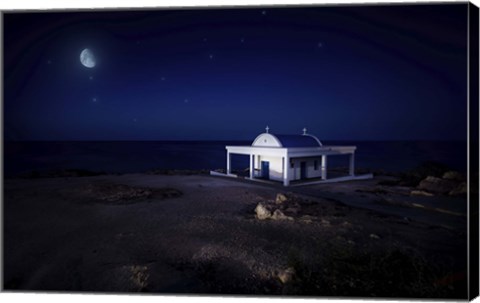 Framed small church at night with starry sky, Crete, Greece Print