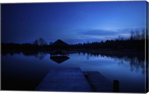 Framed small pier in a lake against starry sky, Moscow region, Russia Print