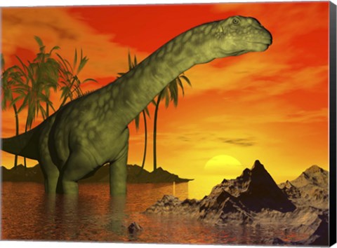 Framed Large Argentinosaurus dinosaur in water at sunset Print