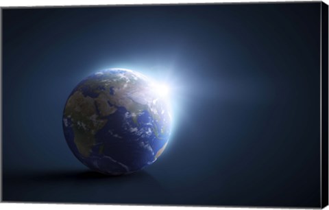 Framed Planet Earth and sunlight on a dark blue background Print