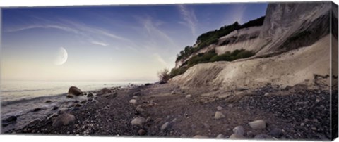 Framed Tranquil seaside and Mons Klint cliffs against rising moon, Denmark Print