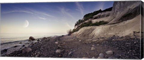 Framed Tranquil seaside and Mons Klint cliffs against rising moon, Denmark Print